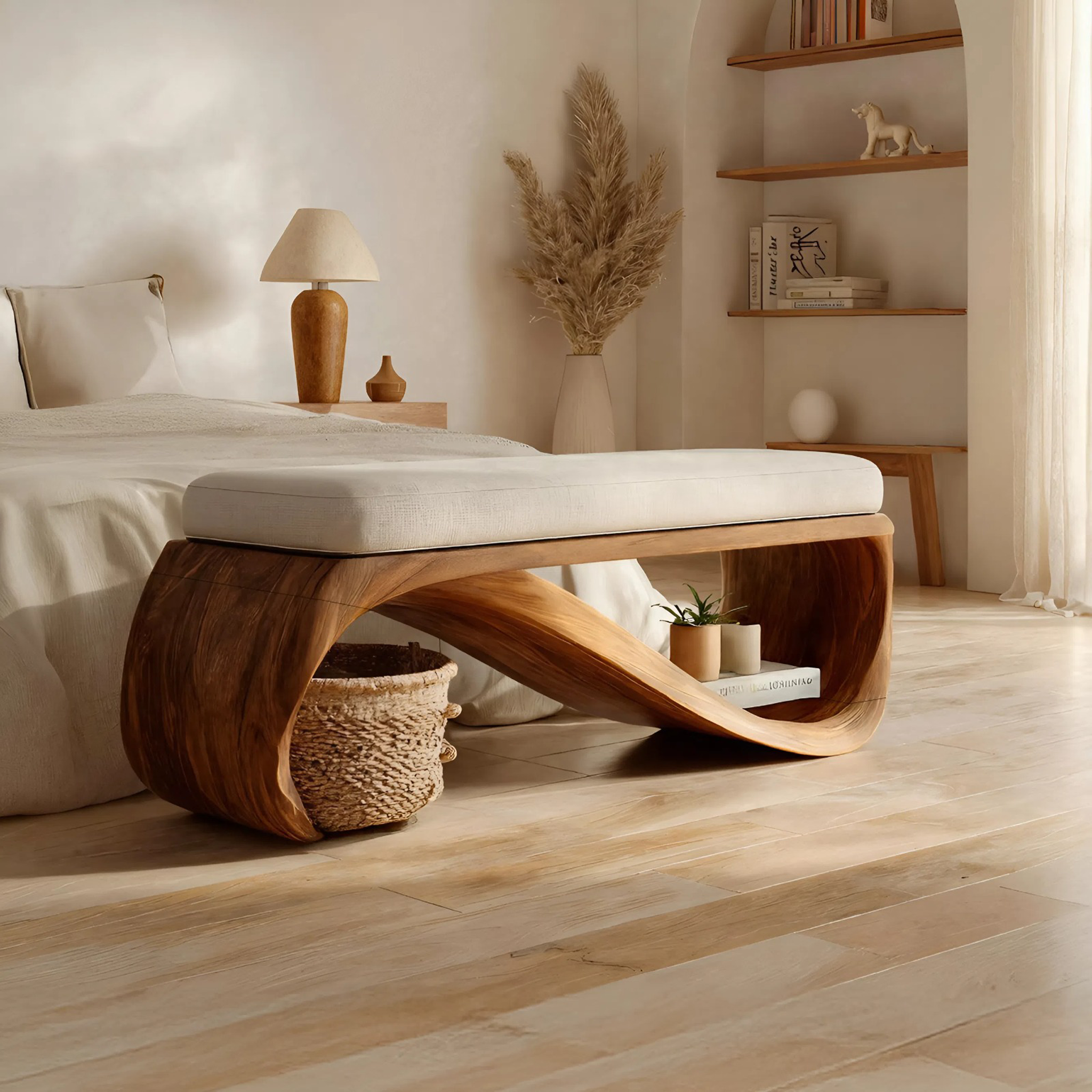 Mid Century Wooden Bench For End-of-Bed Placement