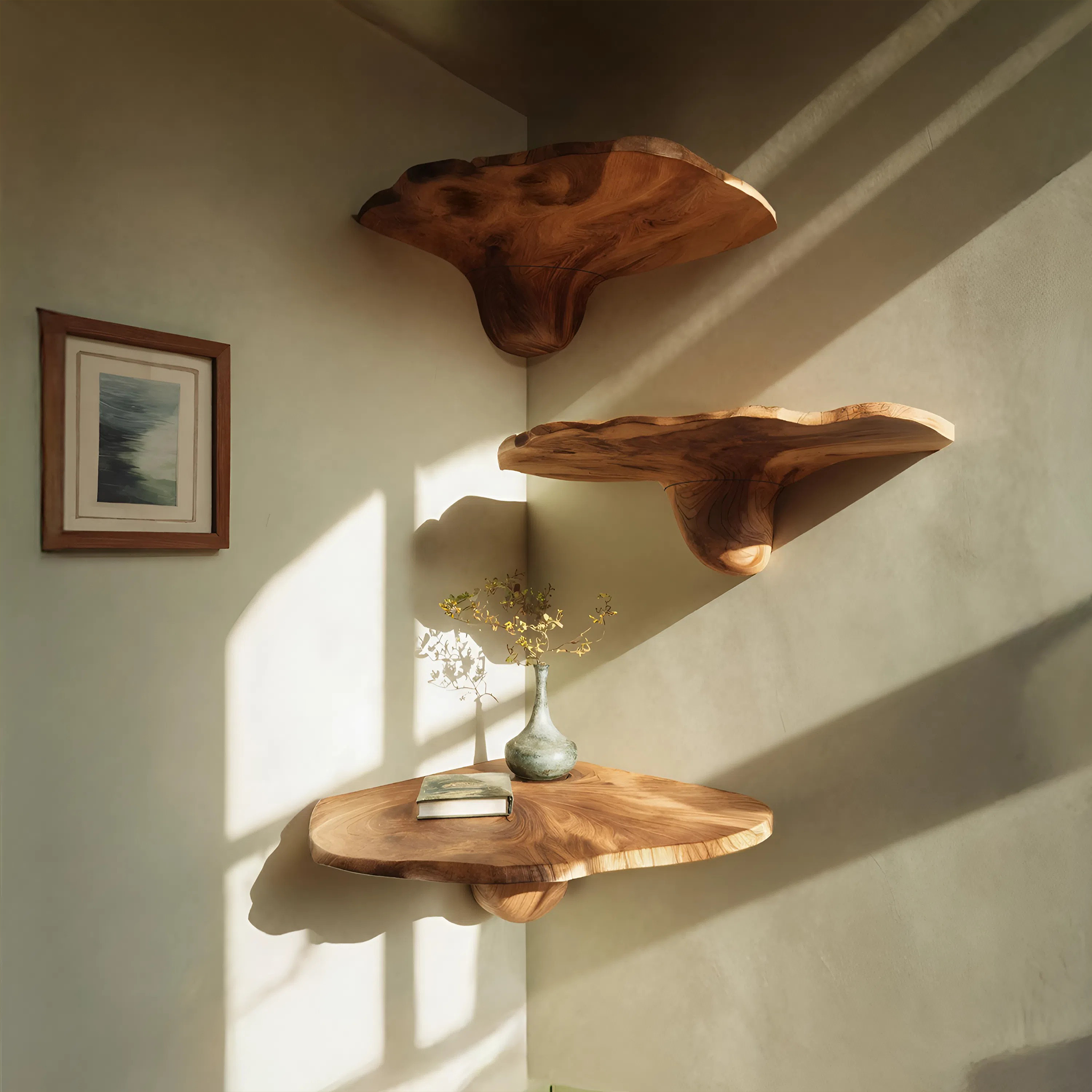 Farmhouse Wooden Live Edge Mushroom Shelf For Living Room Interior Decor