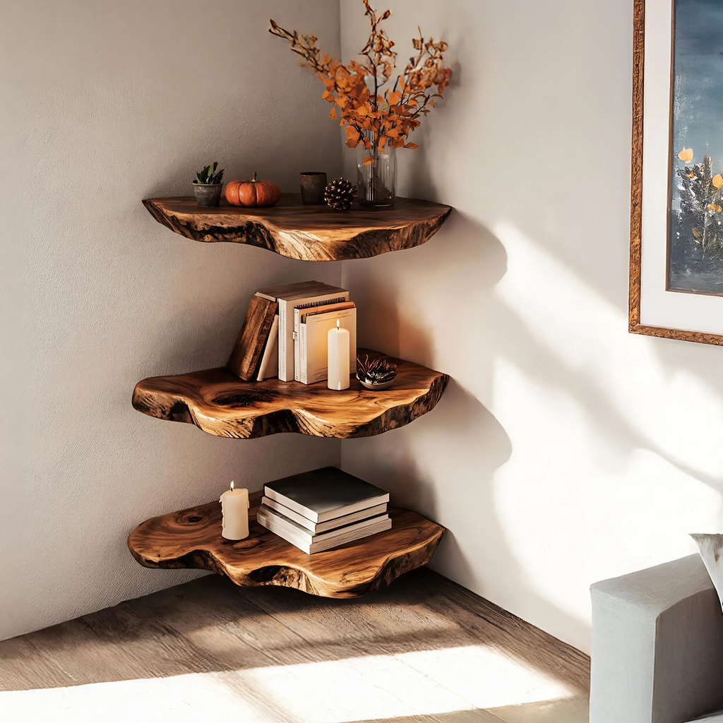 Handcrafted Wooden Live Edge Corner Shelf For Furniture Decor