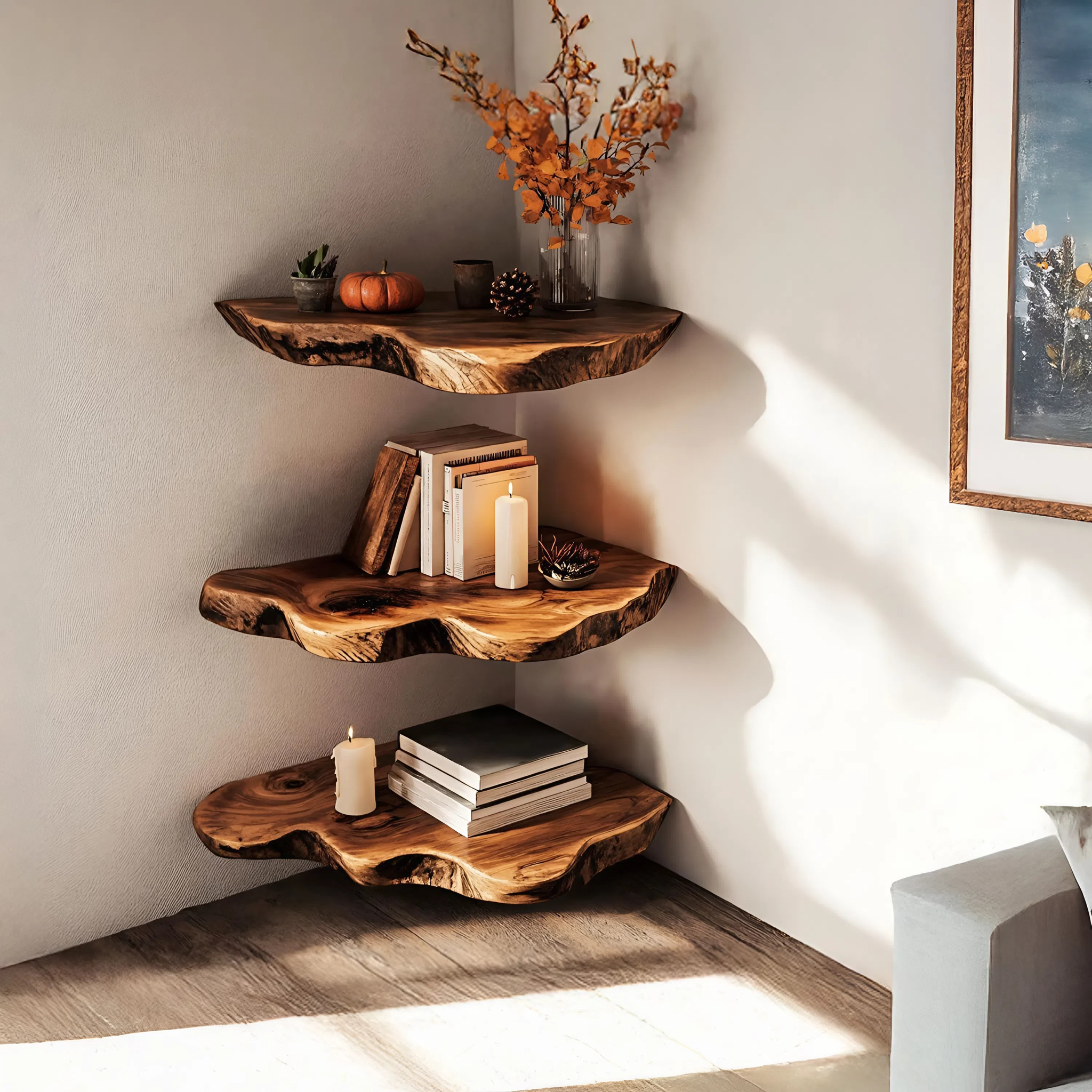 Handcrafted Wooden Live Edge Corner Shelf For Furniture Decor