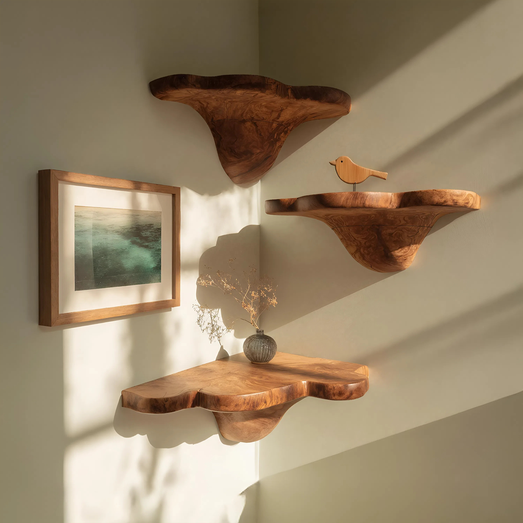 Modern Handcrafted Wooden Live Edge Mushroom Shelf For Furniture Decor