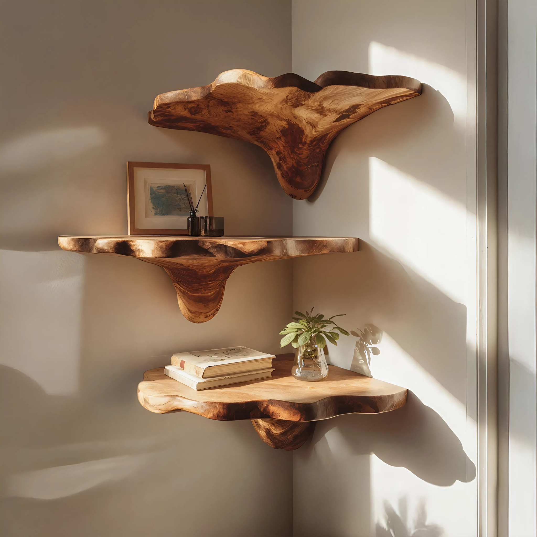 Handcrafted Wooden Live Edge Mushroom Shelf For Entryway Design