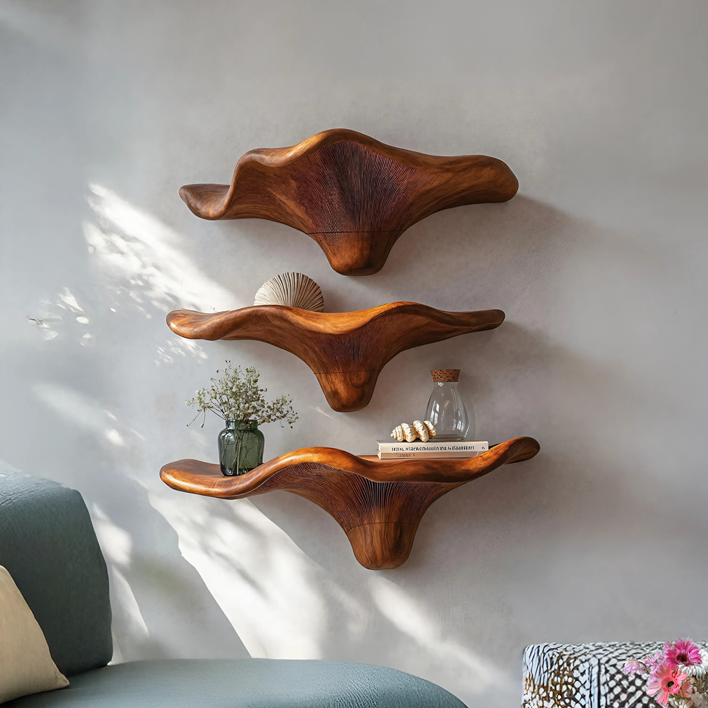 Mid Century Wooden Live Edge Mushroom Shelf For Living Room Decor