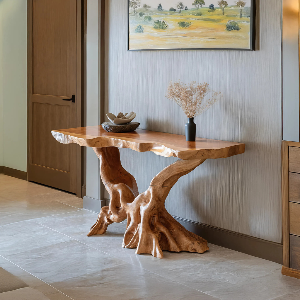 Farmhouse Wooden Live Edge Console Table For Living Room