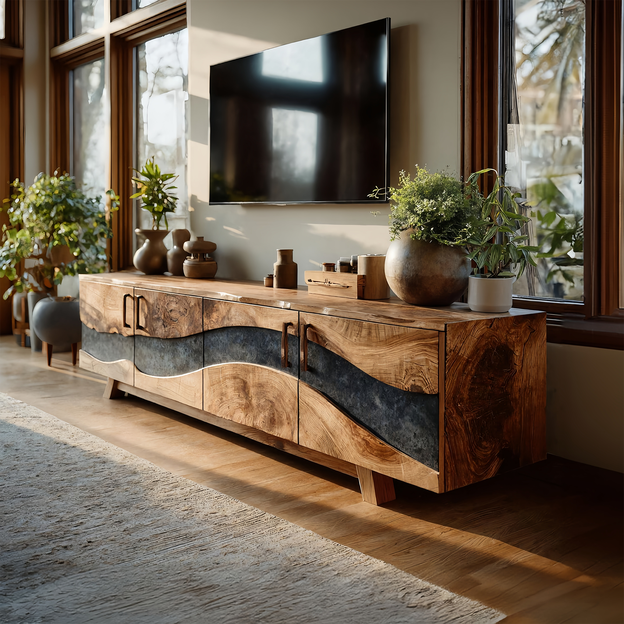 Mid Century Wooden Live Edge TV Stand For Living Room Decor