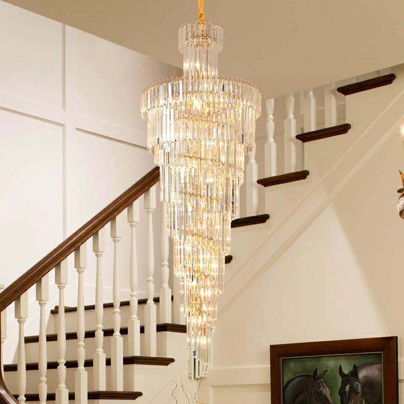 Tiered Foyer Staircase Spiral Crystal Chandelier Hotel Hall/ Entrance High Ceiling Pendant Lighting Fixture - D27.6"*H82.7"casivra