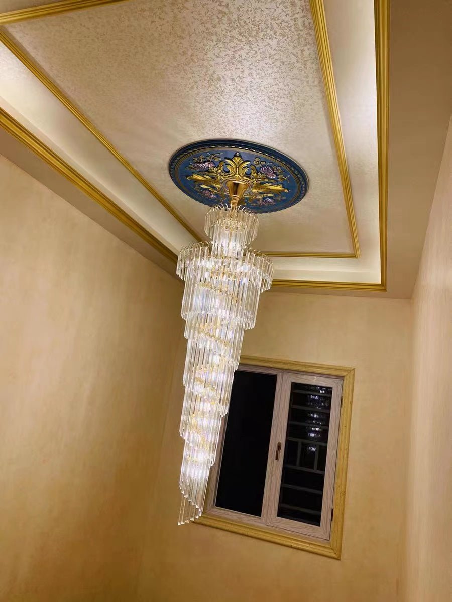 Tiered Foyer Staircase Spiral Crystal Chandelier Hotel Hall/ Entrance High Ceiling Pendant Lighting Fixture - D27.6"*H82.7"casivra