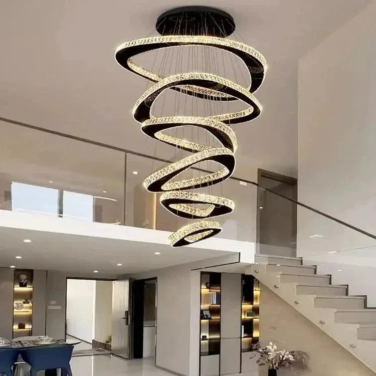 Twisted Ring Led Light Chandelier for High Ceiling - BlackWarm Light 3000Kcasivra