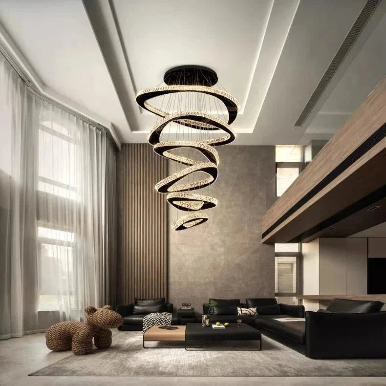 Twisted Ring Led Light Chandelier for High Ceiling - BlackWarm Light 3000Kcasivra