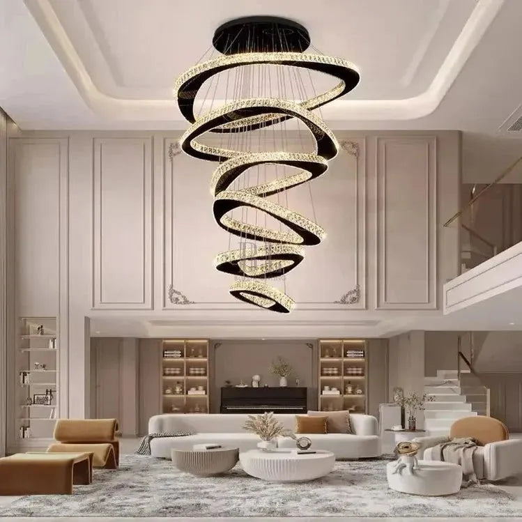 Twisted Ring Led Light Chandelier for High Ceiling - BlackWarm Light 3000Kcasivra
