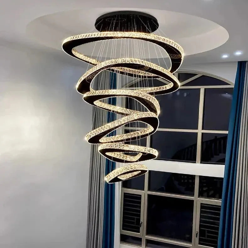 Twisted Ring Led Light Chandelier for High Ceiling - BlackWarm Light 3000Kcasivra