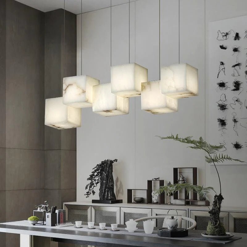 Vasilia Alabaster Cubic Pendant For Dining Table, Kitchen Island Pendant - 6 LIGHTS - 28.3" Lcasivra
