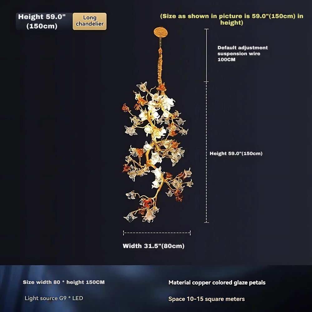 Verdant Branch Copper Vine Glass Flower Stairwell Chandelier - CopperH59.0"(150cm)Warm Light 3000kcasivra