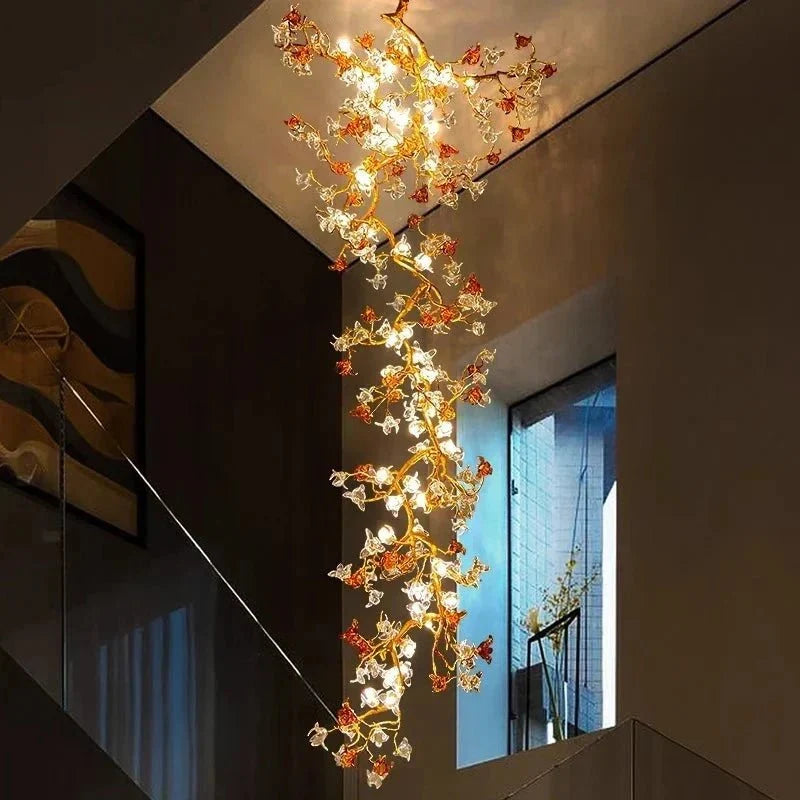 Verdant Branch Copper Vine Glass Flower Stairwell Chandelier - CopperH59.0"(150cm)Warm Light 3000kcasivra