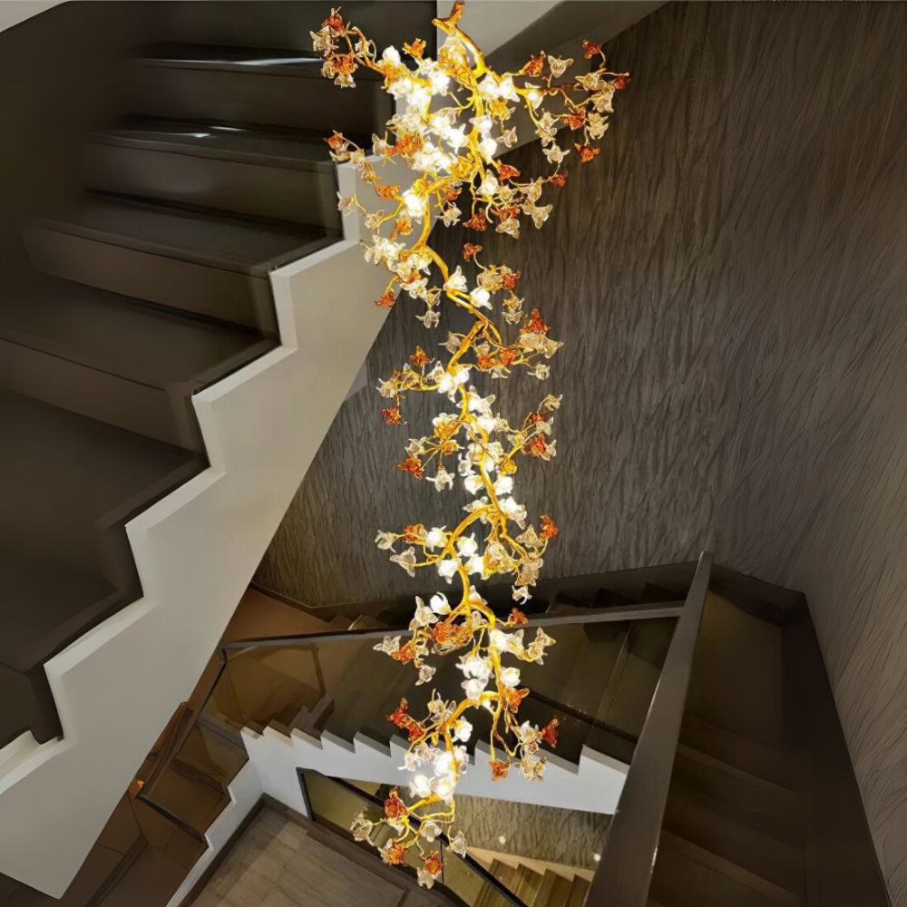 Verdant Branch Copper Vine Glass Flower Stairwell Chandelier - CopperH59.0"(150cm)Warm Light 3000kcasivra