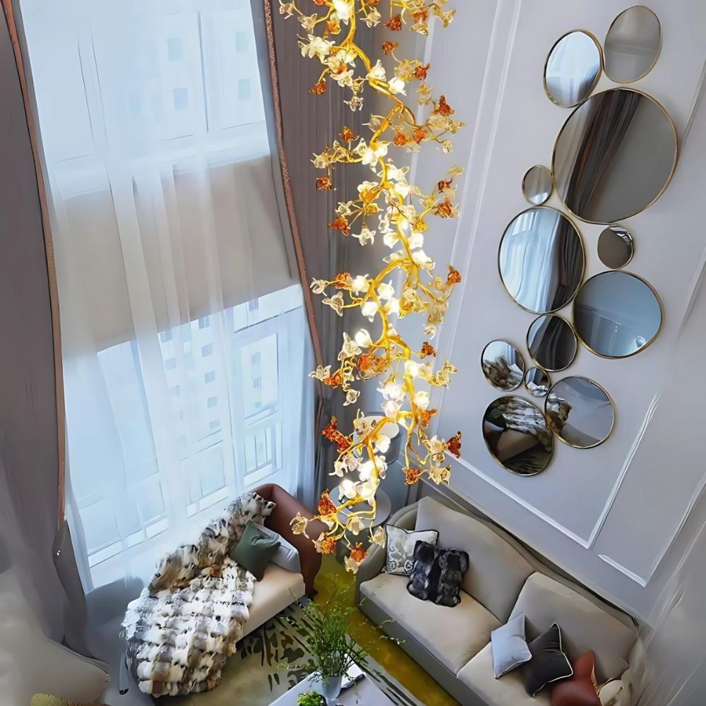 Verdant Branch Copper Vine Glass Flower Stairwell Chandelier - CopperH59.0"(150cm)Warm Light 3000kcasivra