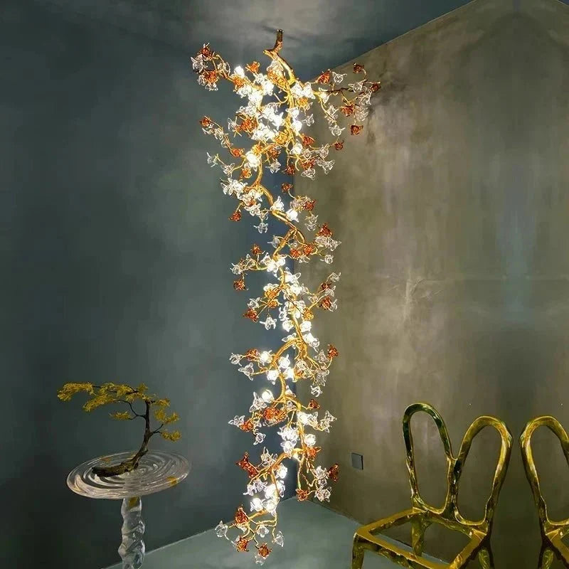 Verdant Branch Copper Vine Glass Flower Stairwell Chandelier - CopperH59.0"(150cm)Warm Light 3000kcasivra