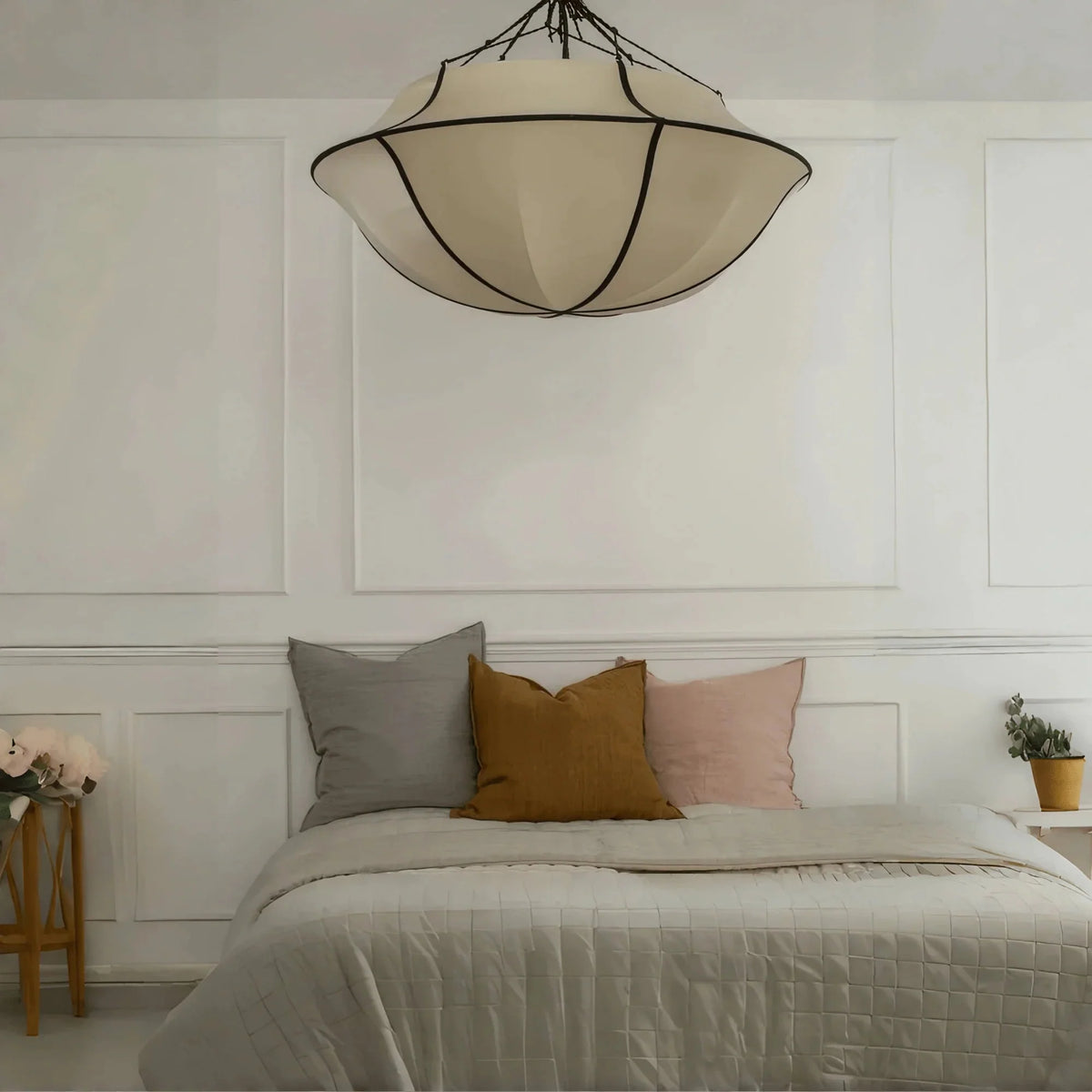 Vintage French Style Cream White Silk Umbrella Chandelier - D19.5''*H13.65''Black EdgeWarm Lightcasivra