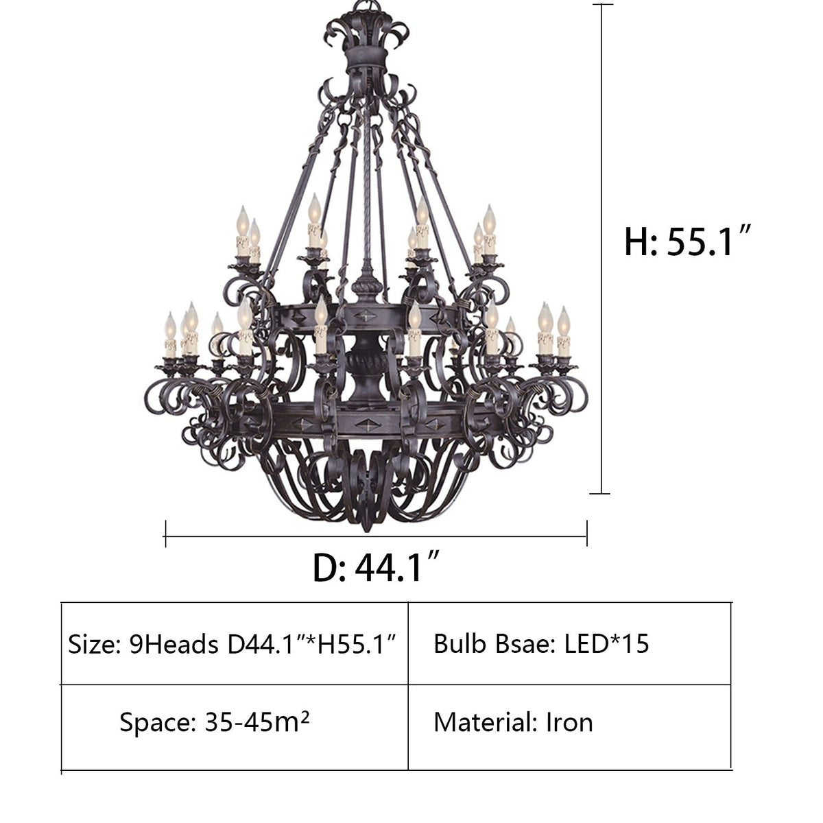 Vintage Iron Simple Candle Art Chandelier for Living Room / Villa / Stairs - 15 Lights: D44.1"*H55.1"Warm LightBlackcasivra
