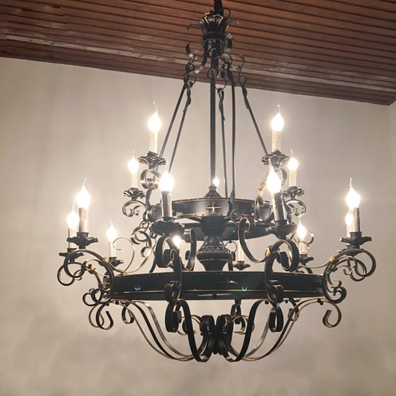 Vintage Iron Simple Candle Art Chandelier for Living Room / Villa / Stairs - 9 Lights: D33.5"*H37.8"Warm LightBlackcasivra