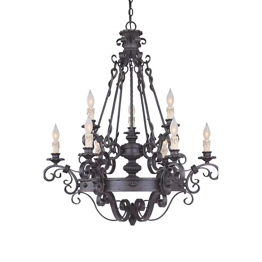 Vintage Iron Simple Candle Art Chandelier for Living Room / Villa / Stairs - 9 Lights: D33.5"*H37.8"Warm LightBlackcasivra