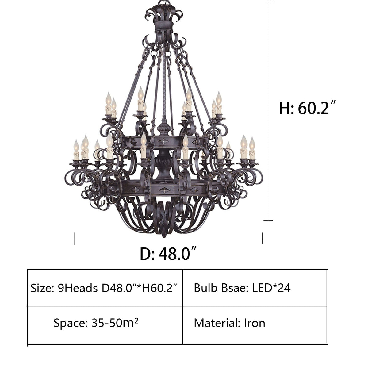 Vintage Iron Simple Candle Art Chandelier for Living Room / Villa / Stairs - 24 Lights: D48.0"*H60.2"/68.1kgWarm LightBlackcasivra