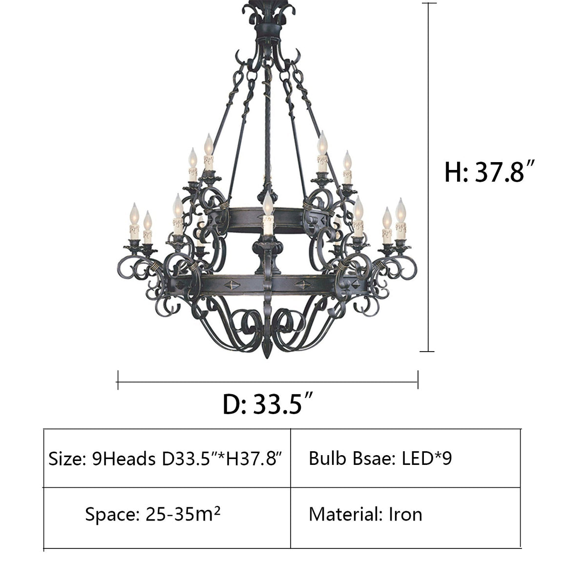 Vintage Iron Simple Candle Art Chandelier for Living Room / Villa / Stairs - 9 Lights: D33.5"*H37.8"Warm LightBlackcasivra