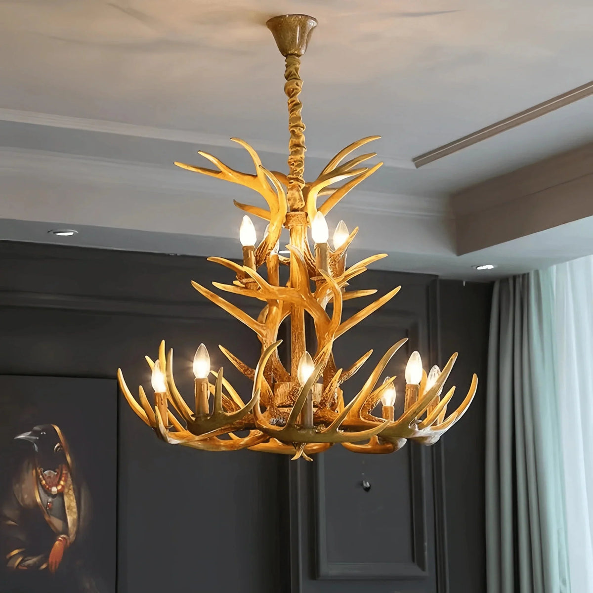 Vintage Rustic Resin Antler Candelabra Chandelier for Living Room / Restaurant / Cafe / Bar - 1Layer: 9 Lights D33.5"*H15.7"BrownWarm Lightcasivra