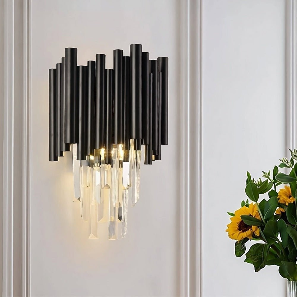 Full view of the Vigo crystal wall sconce by Morsale.com, clear crystal on a black finished stainless steel frame.
