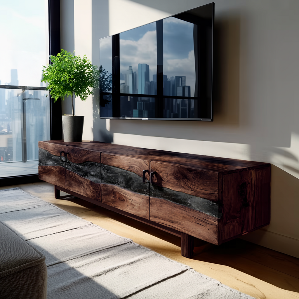 Mid Century Rustic Wooden TV Stand For Living Room
