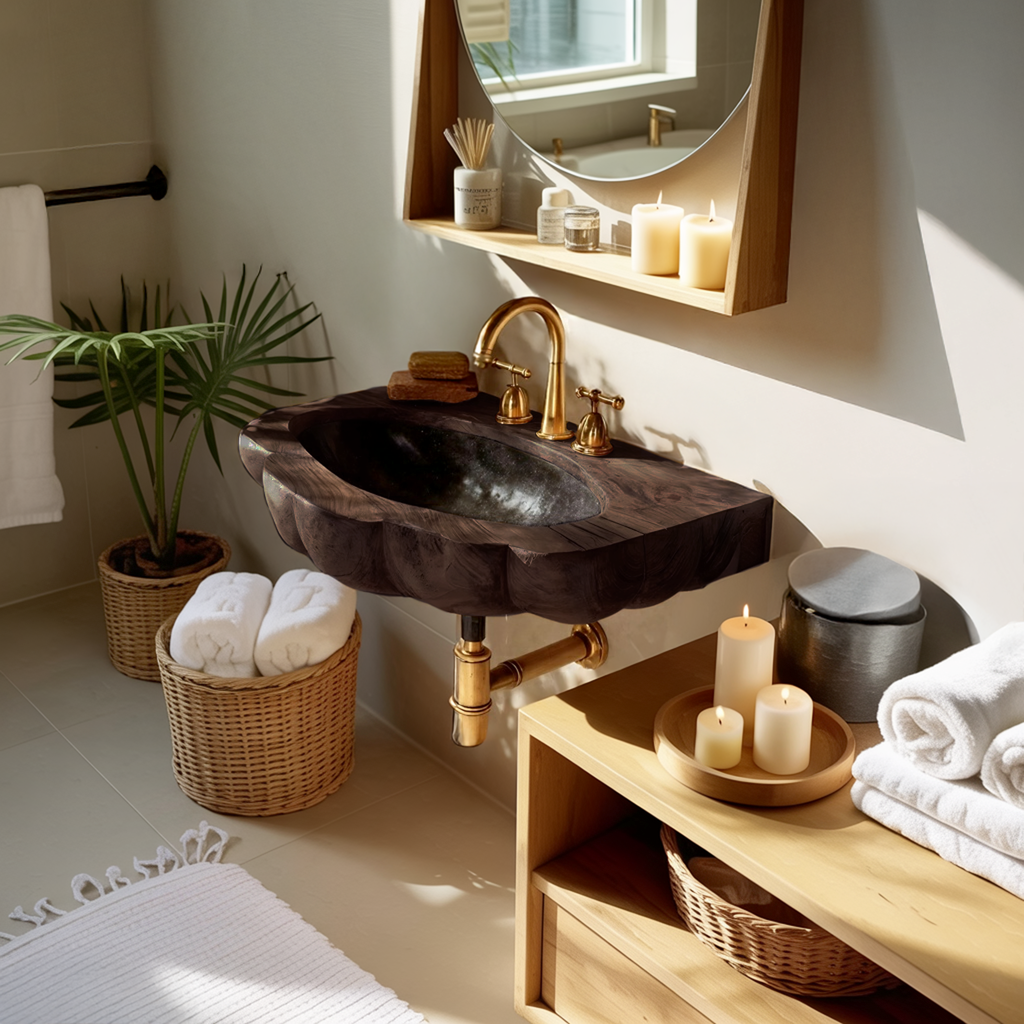 Handcrafted Wall Mounted Wooden Bathroom Sink For Premium Bathroom Design