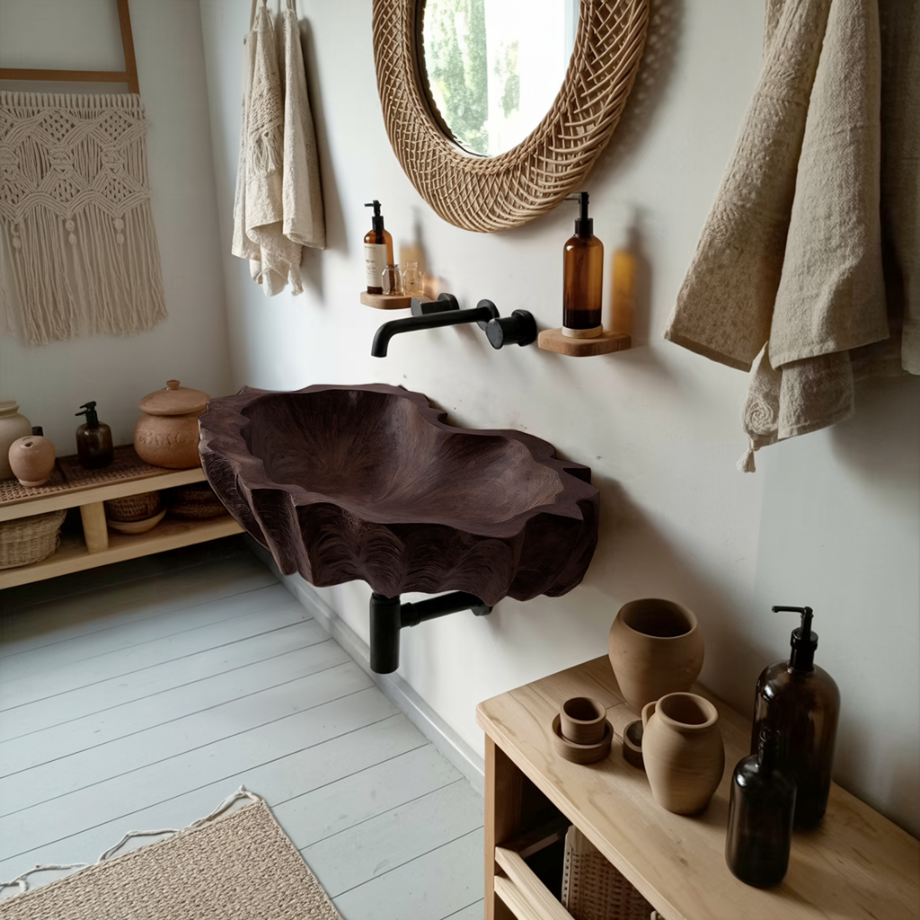 Mid Century Wooden Live Edge Wood Basin For Bedroom Interior Decor