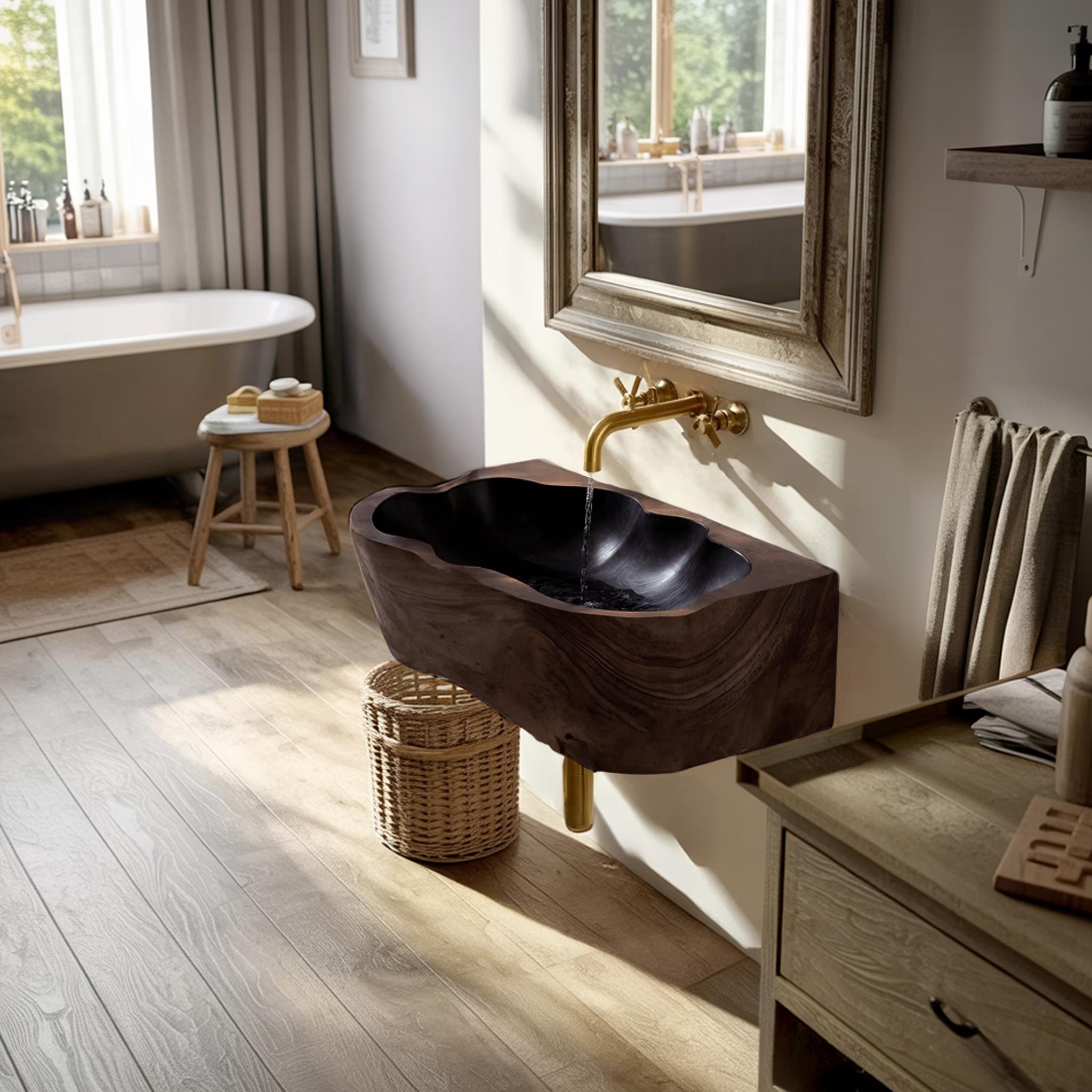 Mid Century Wall Mounted Wooden Bathroom Sink For Designer Bathroom Decor