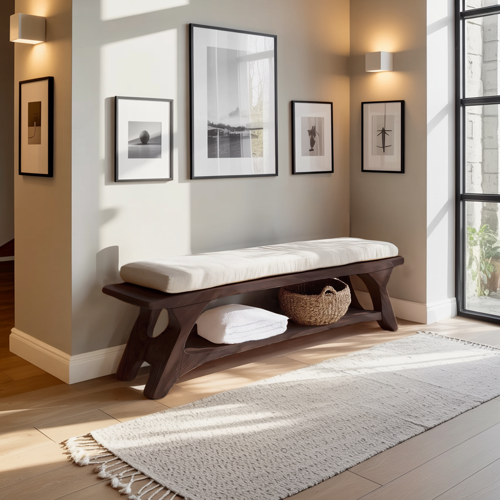 Mid Century Solid Wood Bench For Bedroom Accent