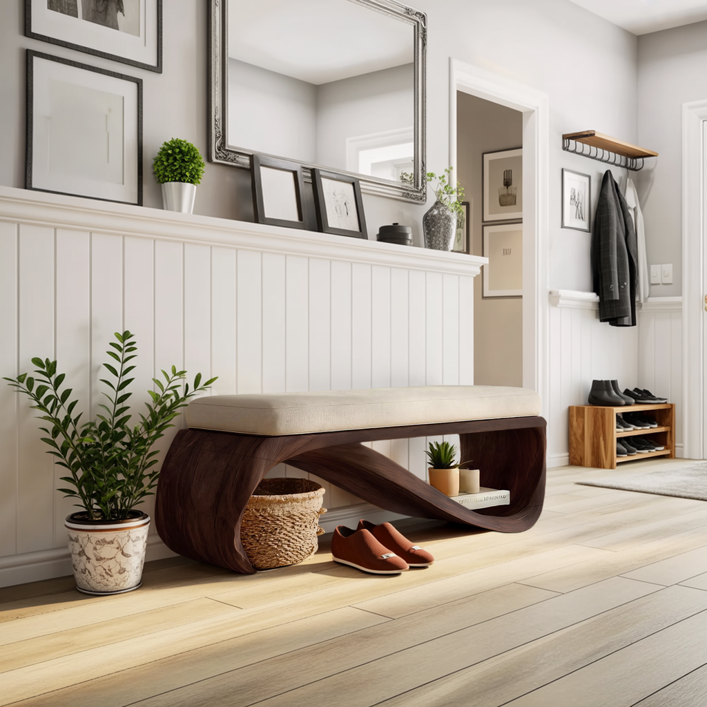Mid Century Wooden Bench For End-of-Bed Placement