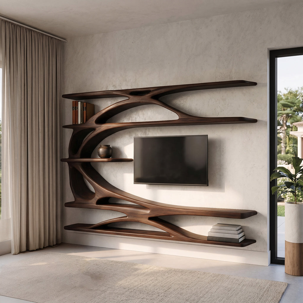 Modern Wall Mounted TV Stand With Bookshelf For Living Room