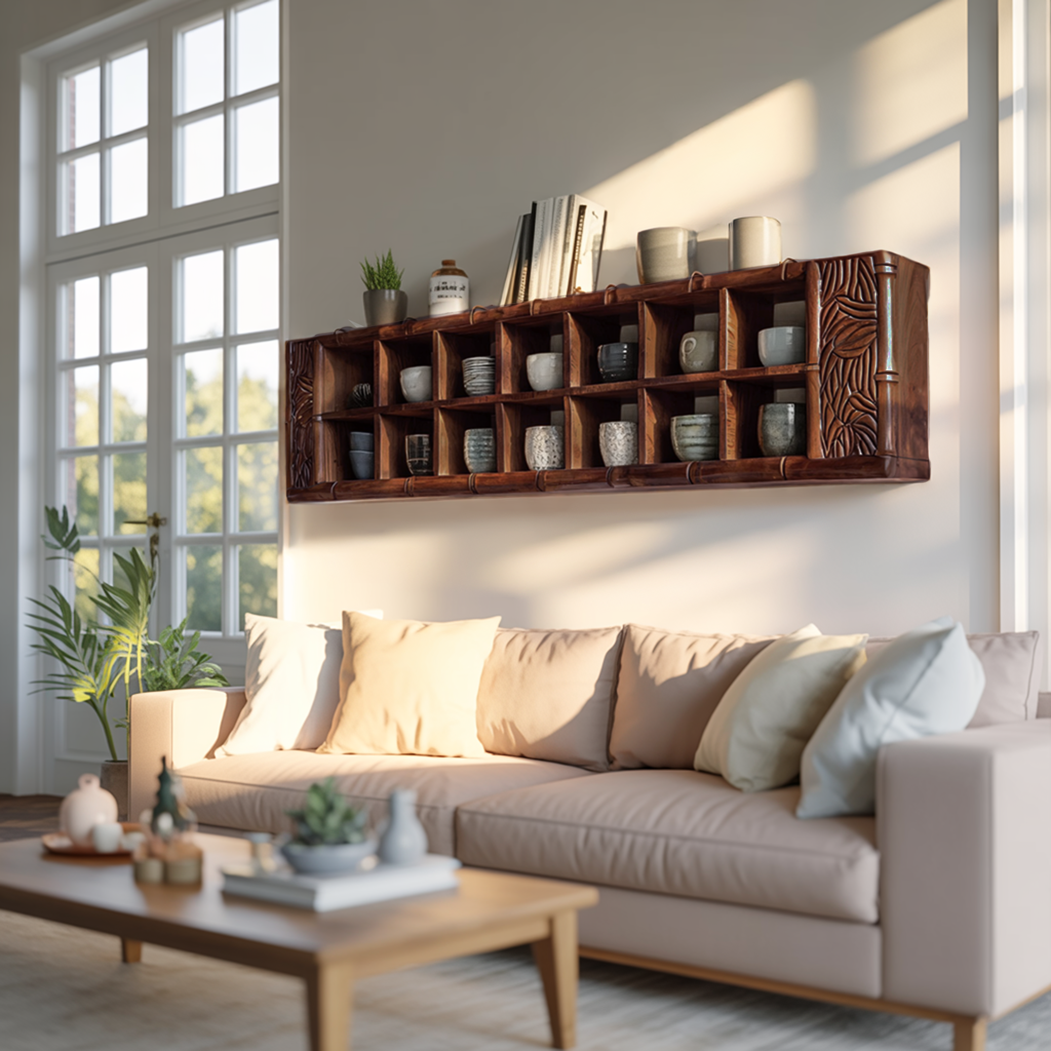 Minimalist Wooden Shelf With Hooks For Pantry Organization