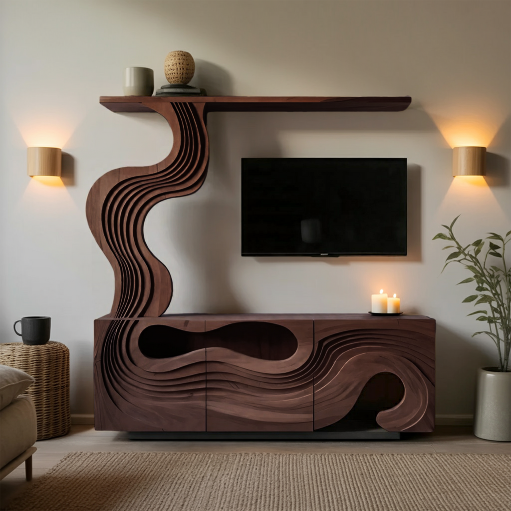 Sculptural TV Console With Wave Layers Entertainment Cabinet For Living Room And Media Wall