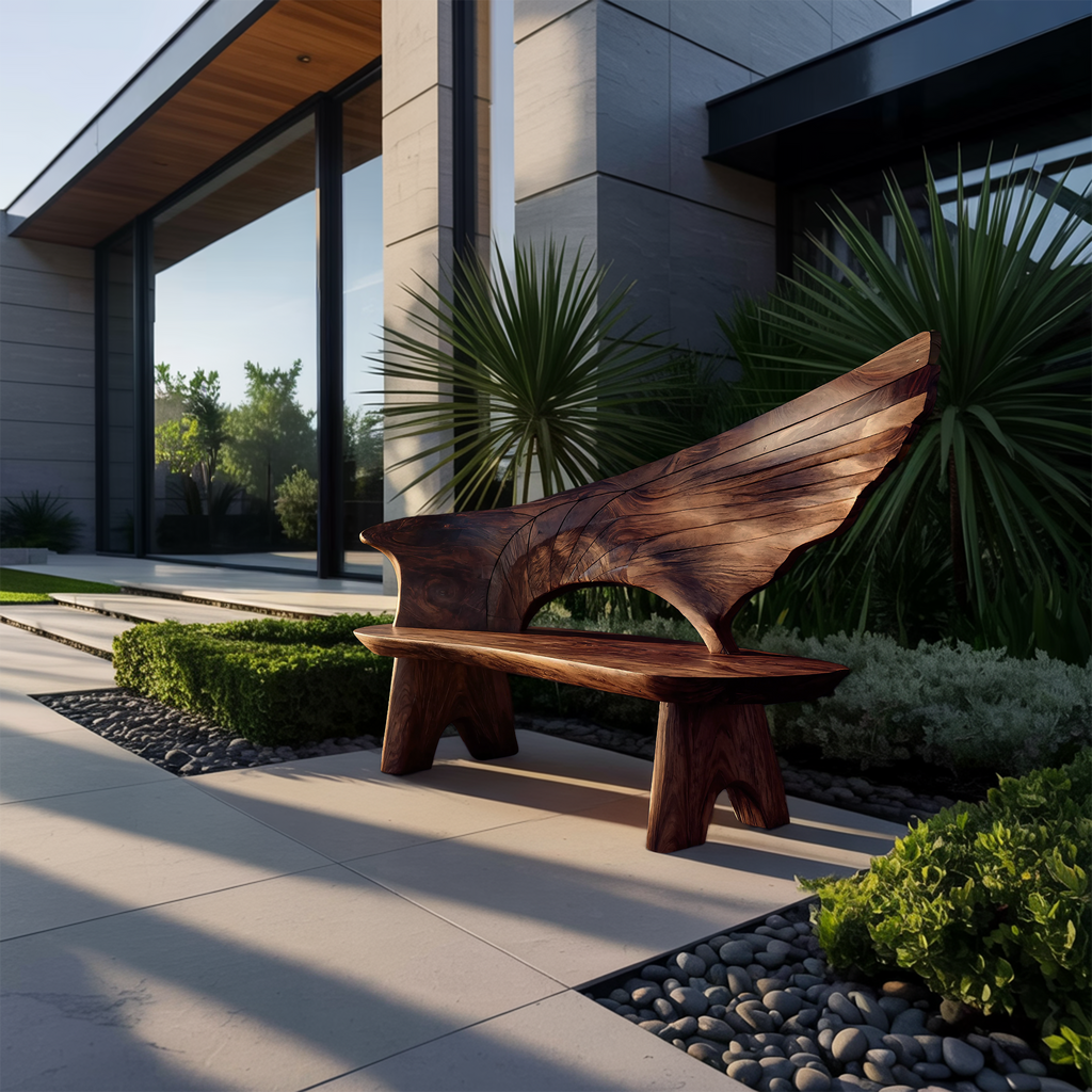 Outdoor Bench With Wing Inspired Carved Backrest For Garden