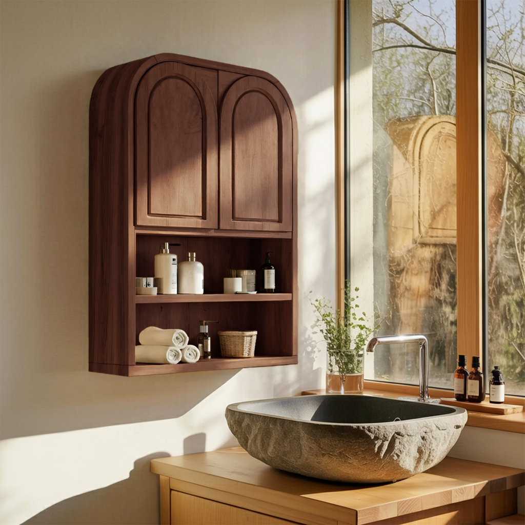 Double Arched Wall Cabinet With Open Shelves For Bathroom
