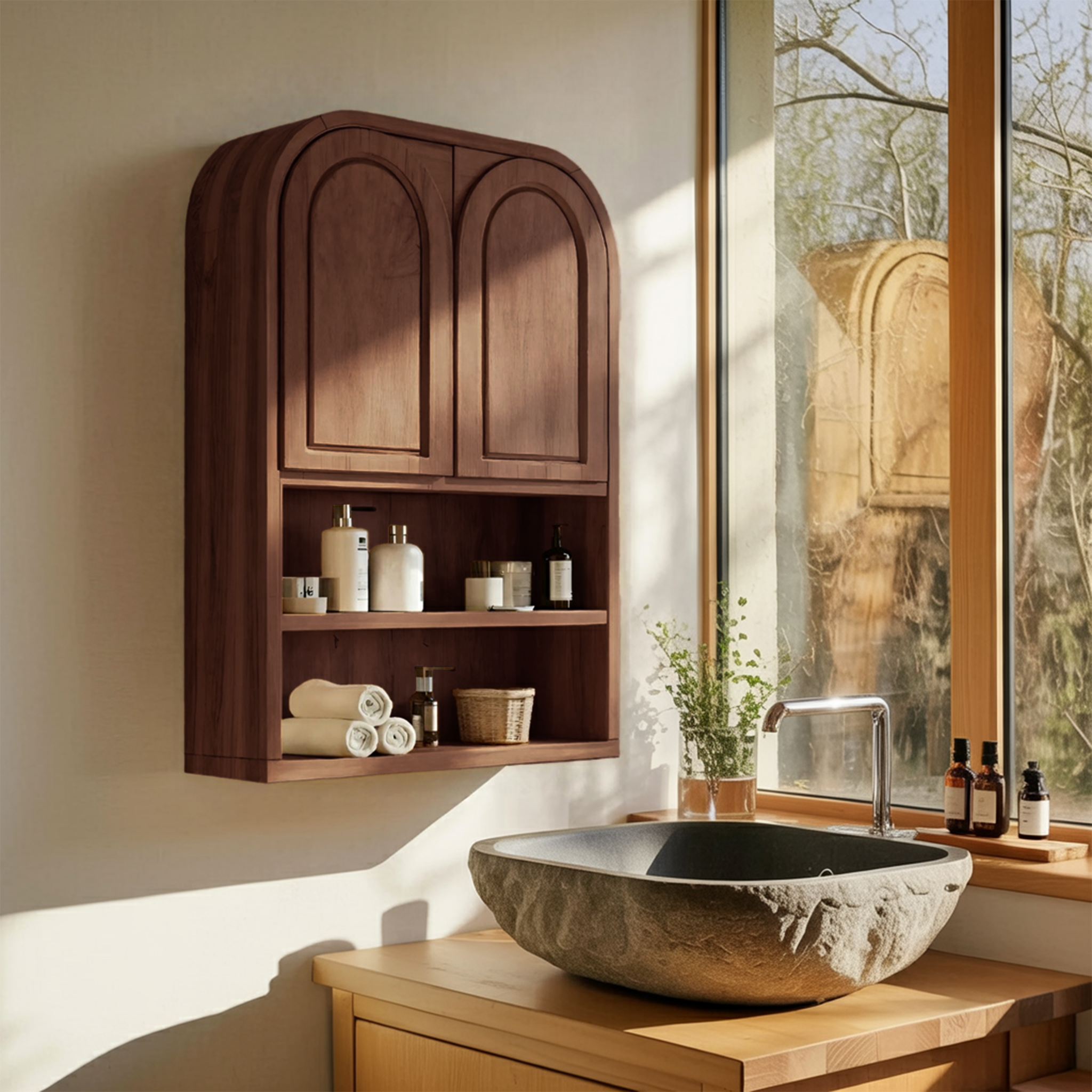 Double Arched Wall Cabinet With Open Shelves For Bathroom