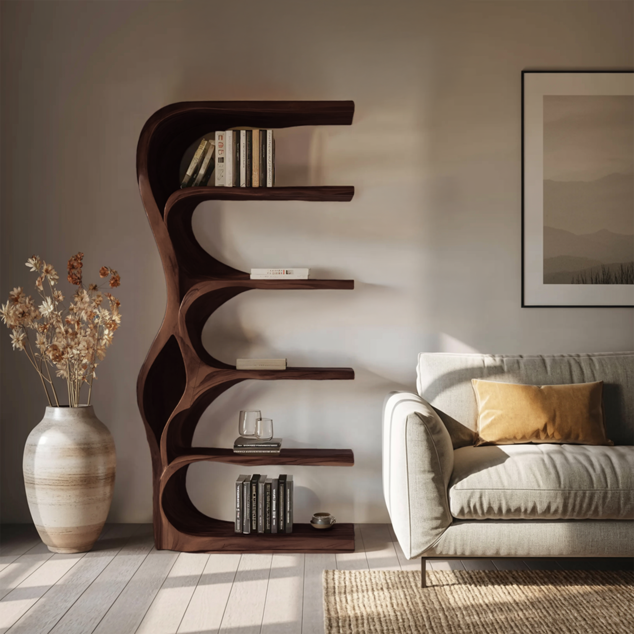 Organic Bookshelf With Curved Open Shelving For Bedroom Decor