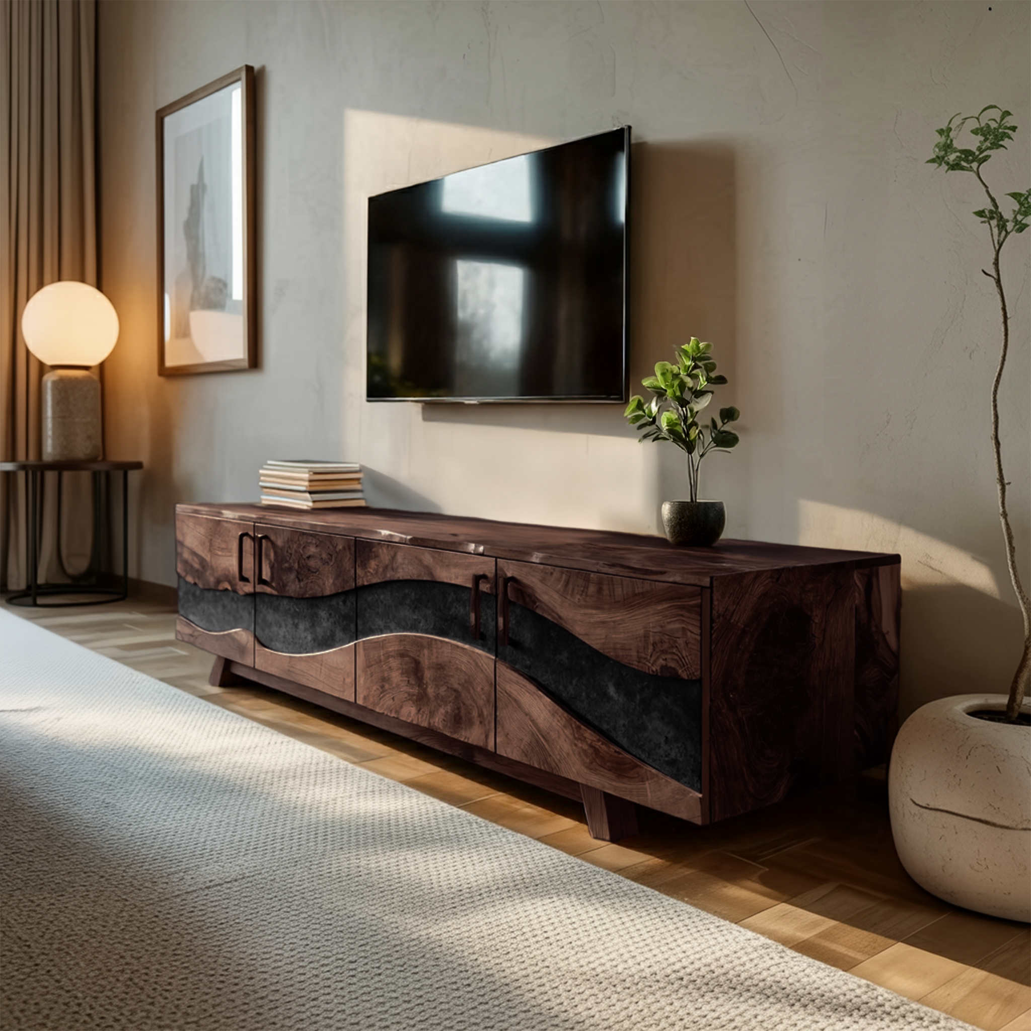 Mid Century Wooden Live Edge TV Stand For Living Room Decor