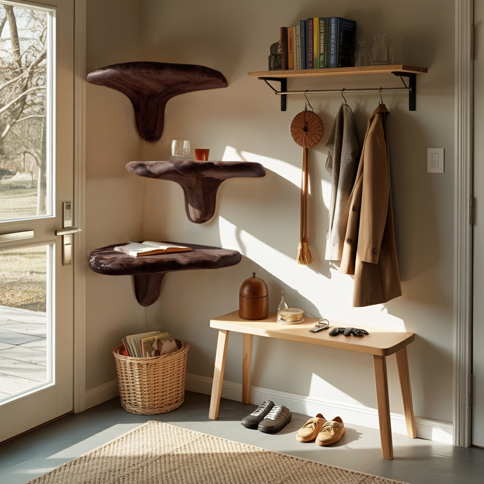 Modern Wooden Live Edge Mushroom Shelf For Living Room Wall Decor