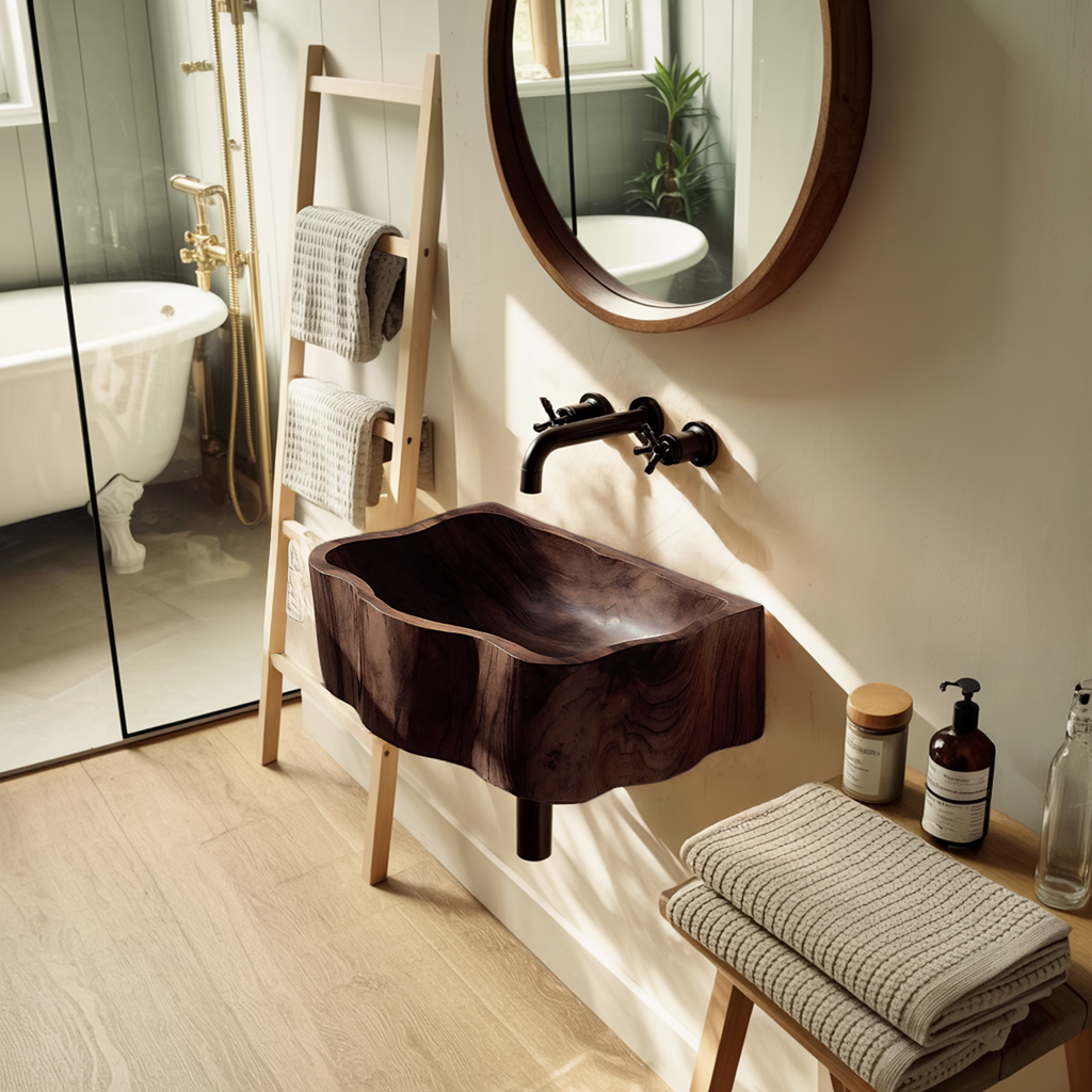 Handcrafted Wall Mounted Wooden Bathroom Sink For Artisan Bathroom Decor