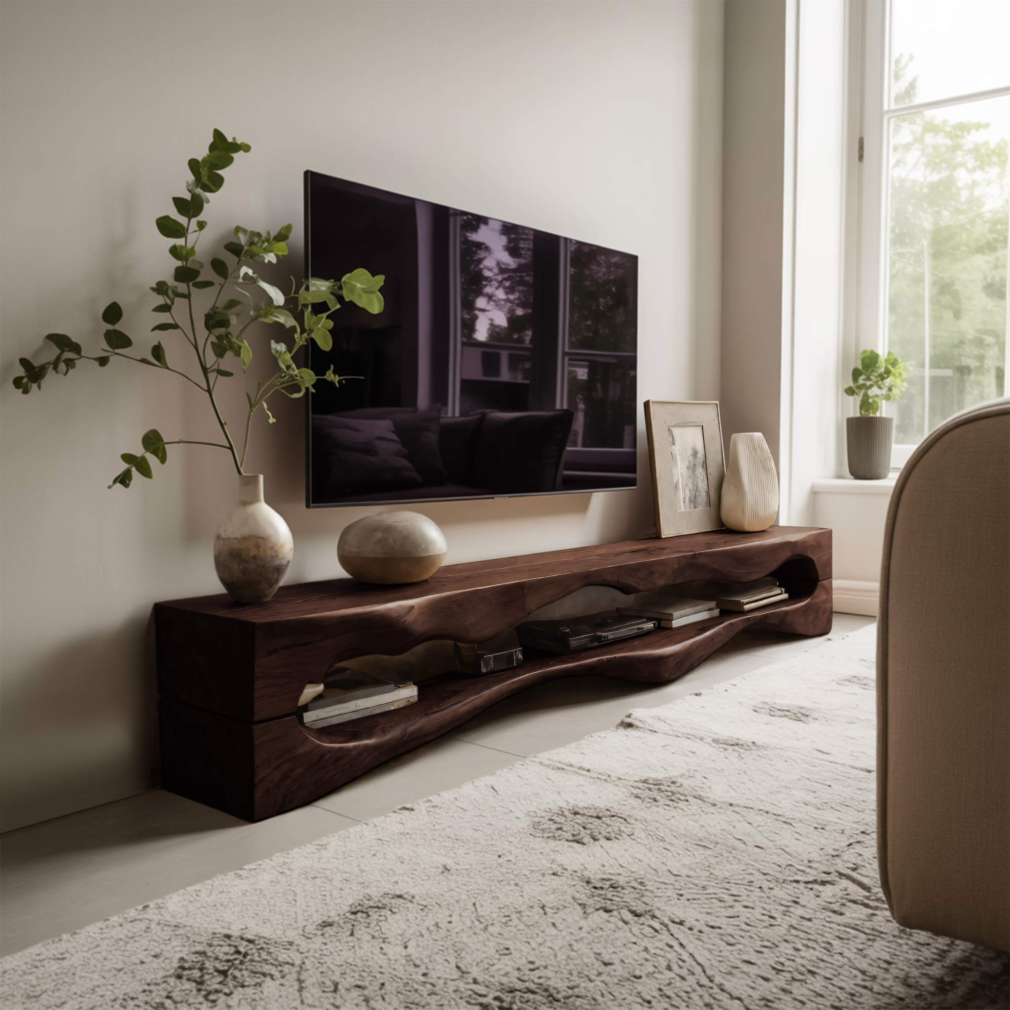 Contemporary Sculptural TV Stand Wavy Carved For Living Room