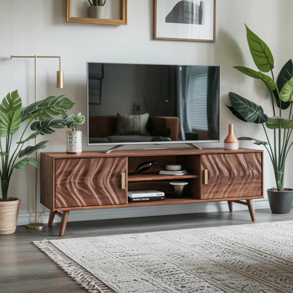 Mid Century TV Stand Wave Cabinet For Living Room And Media