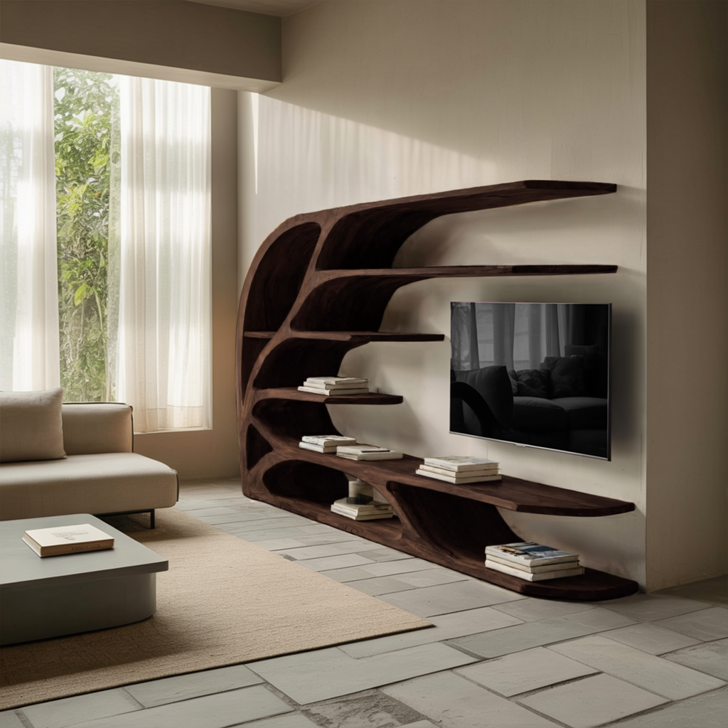 Modern Sculptural Wavy Carved Media Console For Living Room