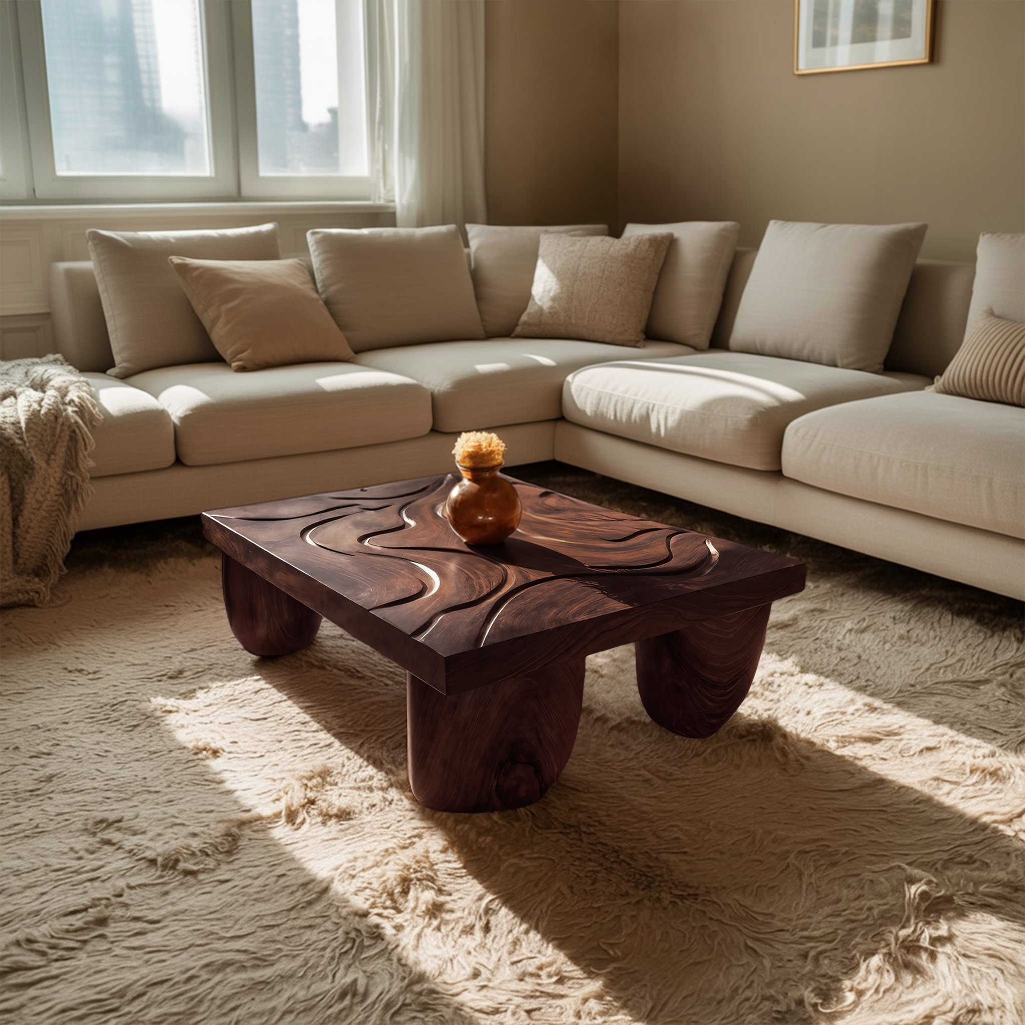 Mid Century Solid Wood Irregular Coffee Table For Entryway