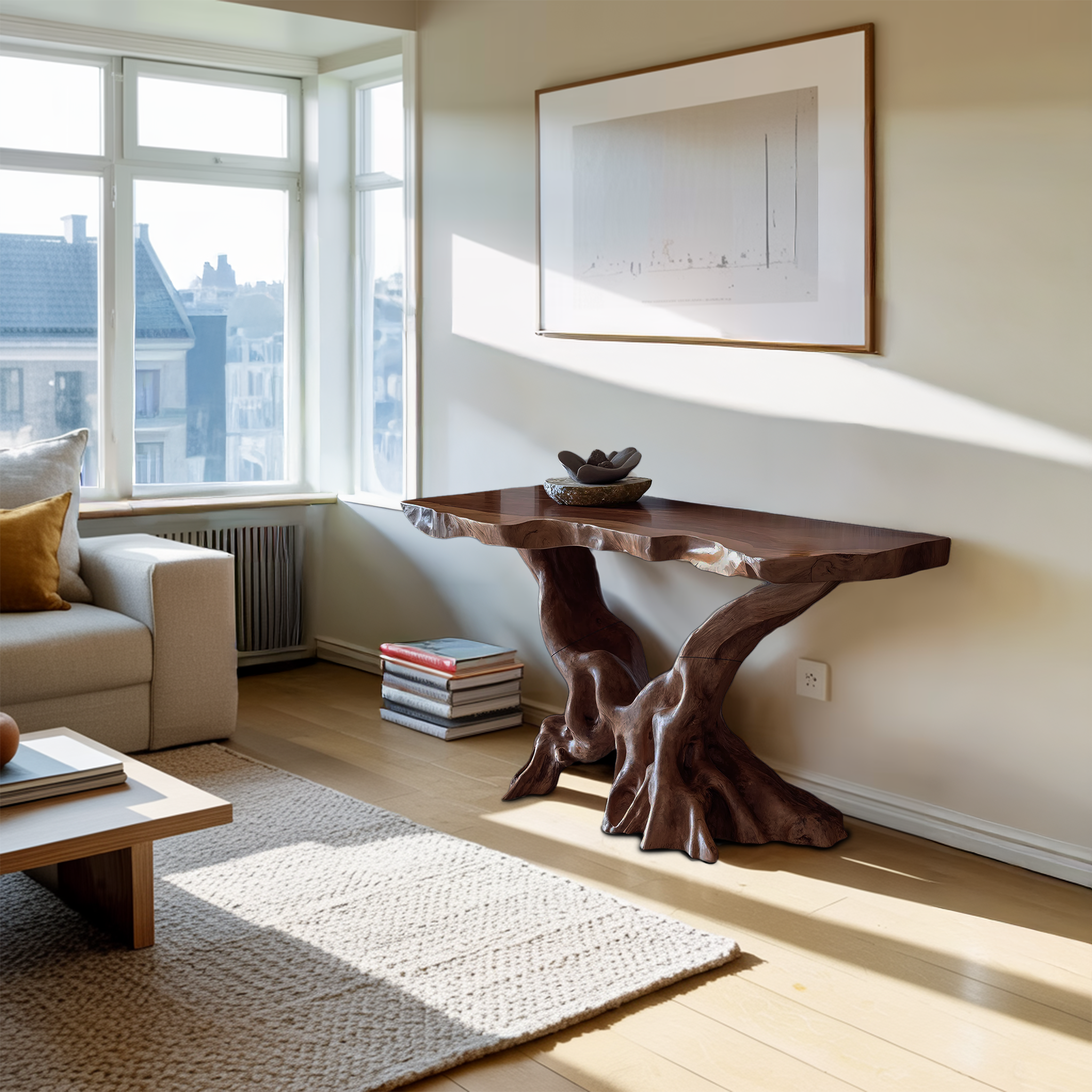 Farmhouse Wooden Live Edge Console Table For Living Room